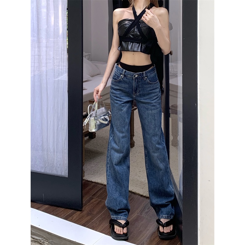 Pinggang rendah bikini jahitan jeans wanita musim panas desain ceruk celana kaki lurus longgar celana lebar kaki ramping