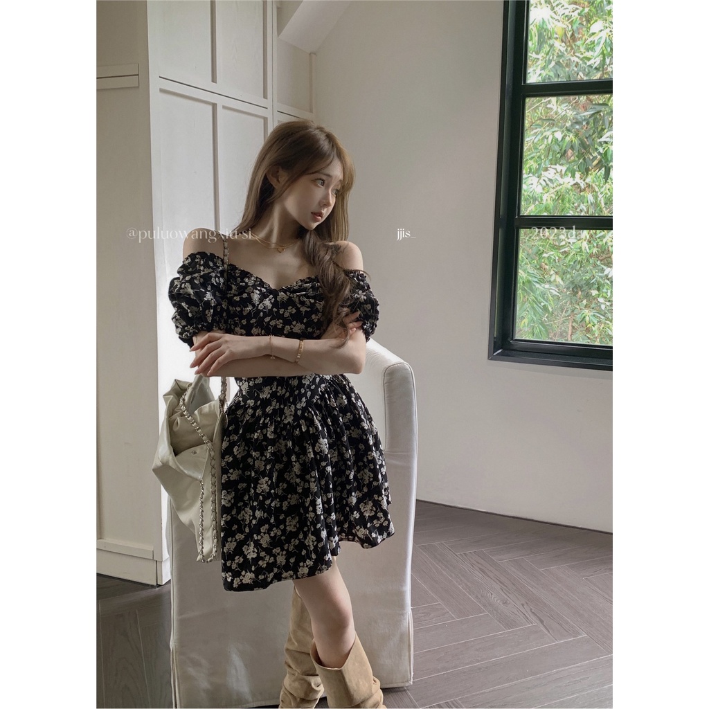 ❦♛☜Sweet babes floral sling dress peri musim panas Perancis hitam v-neck rok lengan engah rok kecil