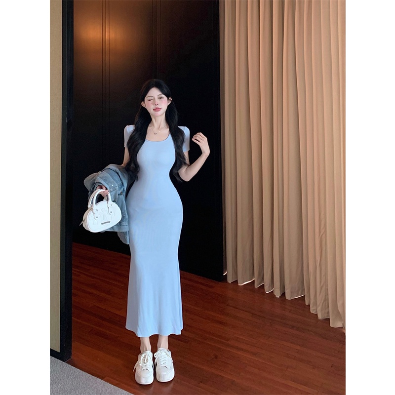 ◇₪Biru hot girl T-shirt dress wanita musim panas lengan pendek self-budidaya rok mid-length murni keinginan angin pinggang temperamen paket hip rok