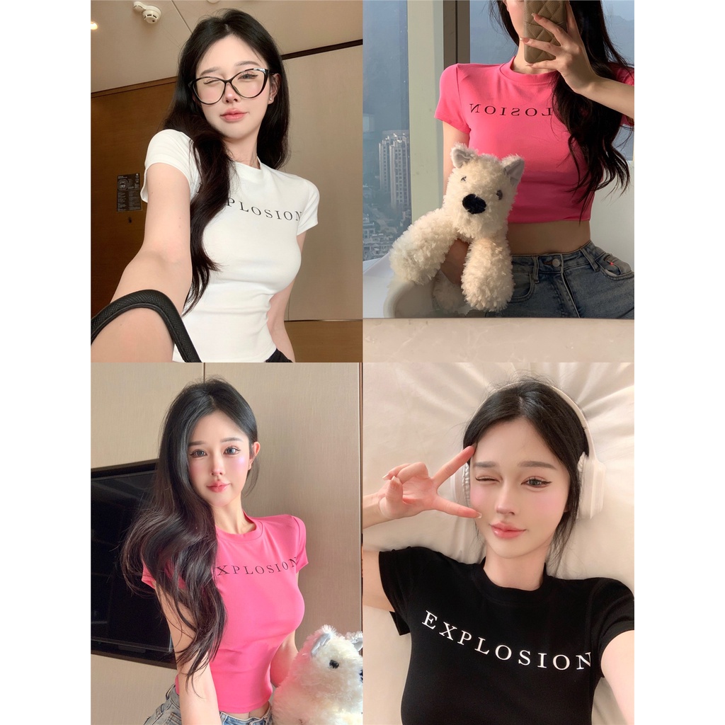 ▤♂#COD Suhao manis hot gadis dicetak T-shirt lengan pendek wanita musim panas huruf desain rasa ceruk ketat seksi kemeja bottoming pendek atas