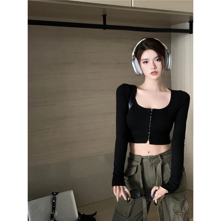 ☇☇#COD Suhao hot girl square collar long-sleeve t-shirt women s spring pure desire style sexy high waist tight slim short top bottoming shirt