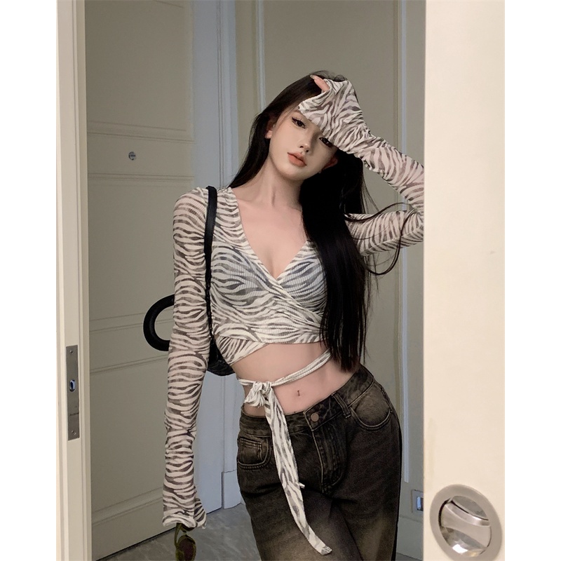 ✈✘✧#COD Suhao hot girl sexy v-neck lengan panjang T-shirt wanita musim panas pola zebra lintas tali ketat rasa desain ceruk atasan pendek