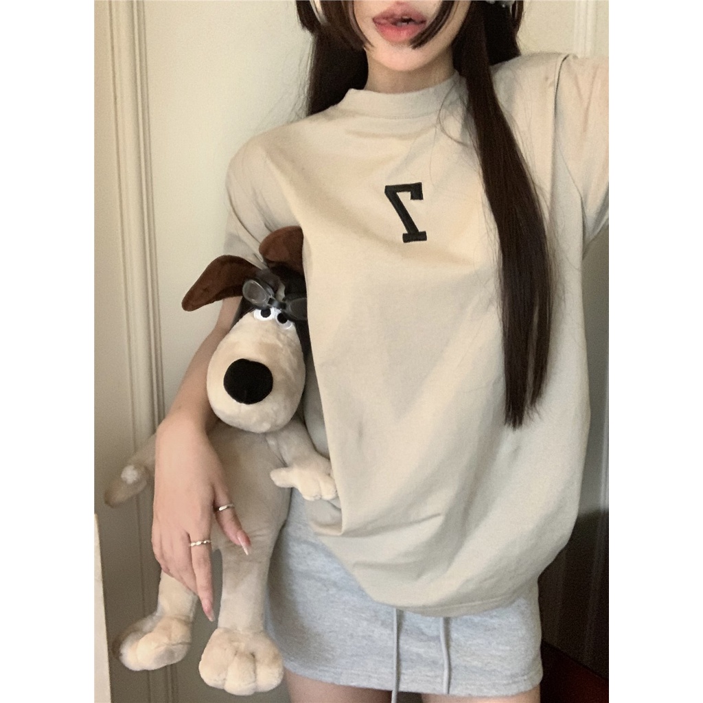 ✳♙#COD Suhao American Retro Katun Lengan Pendek T-shirt Wanita Musim Panas 2023 Baru Bordir Longgar All-Match Rasa Desain niche Atasan