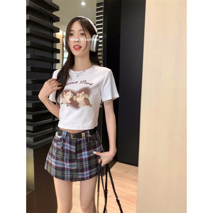 ☬▬✔#COD Suhao Hot Girl Cat Print Lengan Pendek T-shirt Wanita Musim Panas 2023 Baru Murni Keinginan Tinggi Pinggang Slim Kecil atasan Pendek