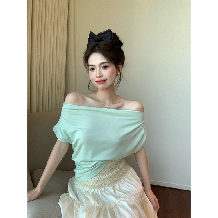 ▬✼❡#COD Suhao Pure Desire Wind One-Shoulder Lengan Pendek T-shirt Wanita Musim Panas Lembut Tulang Selangka Seksi Longgar Temperamen Desain Niche Top