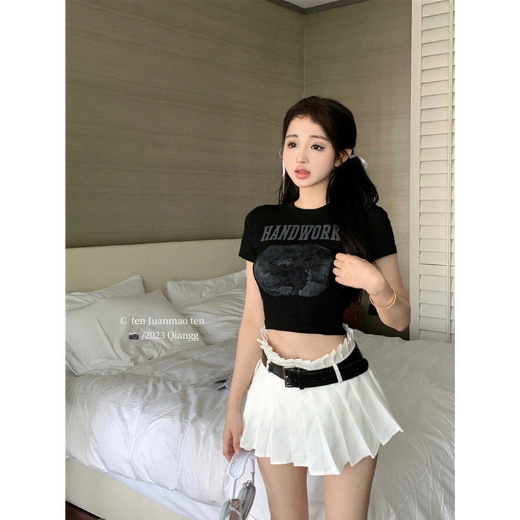 ∋#COD Suhao American letter printing T-shirt lengan pendek wanita musim panas desain sense niche slim slim short bottoming shirt top