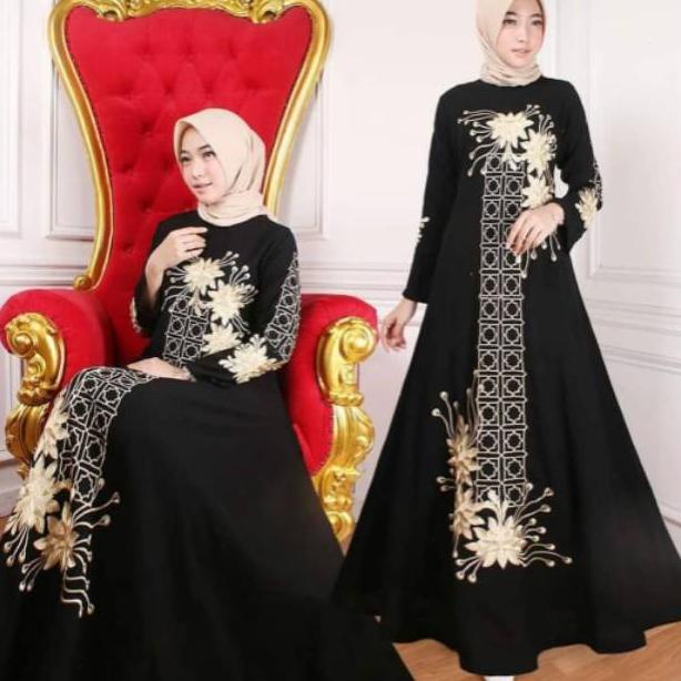 ( BAYAR DITEMPAT ) Abaya elhabsyi Gamis Hitam Arab Bahan Jet black Turkey Bordir Trompa