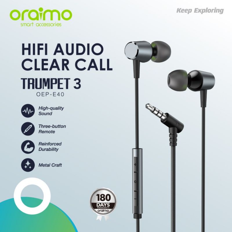 Earphone In-Ear Oraimo OEP-E40 - Hitam, 10mm Driver, Kabel 1.2m, Mikrofon Terintegrasi