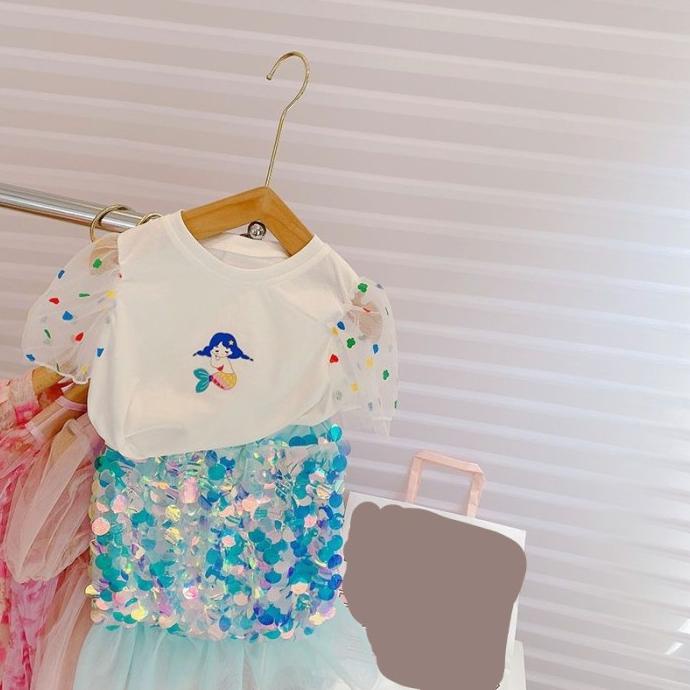 Kostum Mermaid Setelan Baju+Rok Mermaid Anak Import Premium
