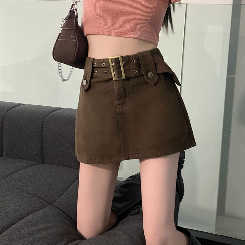 Red Hot girl a-line denim skirt women s summer new pink bag hip skirt anti-light skirt high waist slimming short skirt