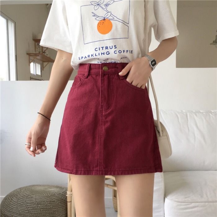 Red Rok denim merah anggur versi siswa perempuan versi Korea musim panas baru rok berpinggang tinggi ramping dan rok A-line serbaguna