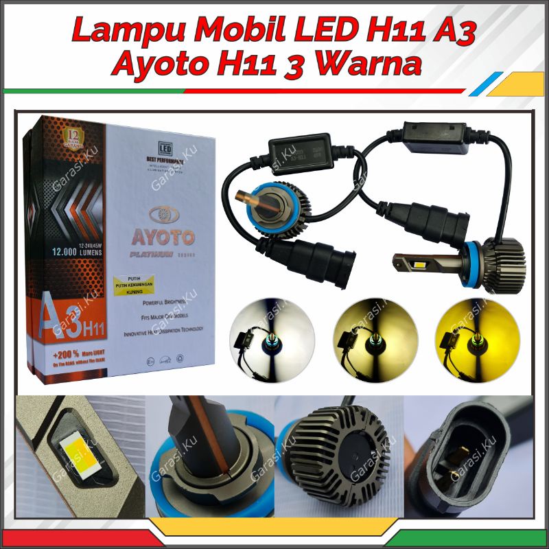 LAMPU KABUT FOGLAMP AYOTO H11 3 WARNA PUTIH KUNING SINAR SUPER TERANG AWET HEMAT DAYA TEMBUS KABUT H