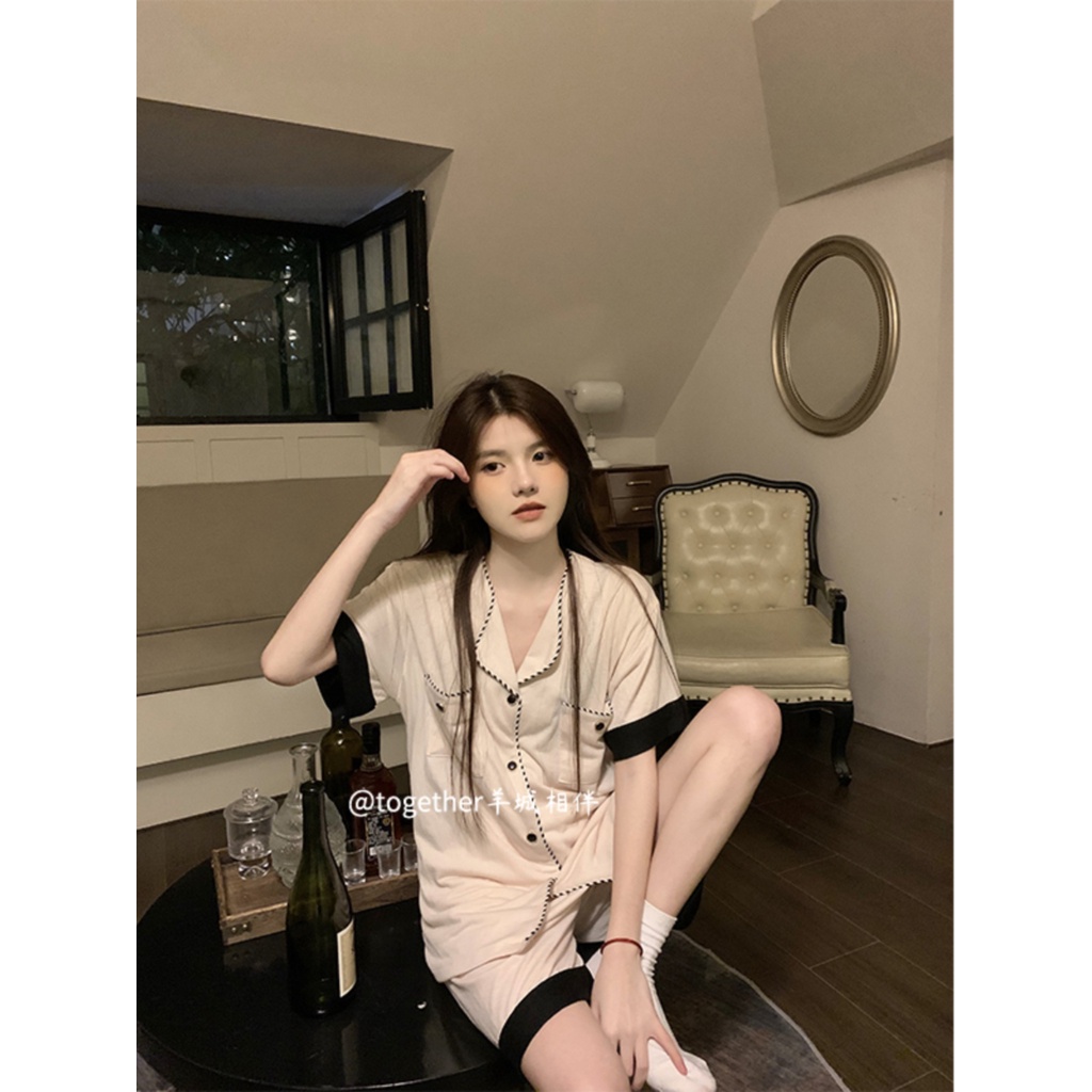 ▣❁stelan baju tidur wanita Korea kecil wangi angin piyama musim panas wanita katun keriput baru kemeja lengan pendek siswa warna solid sederhana layanan rumah #COD baju tidur wanita bahan kaos