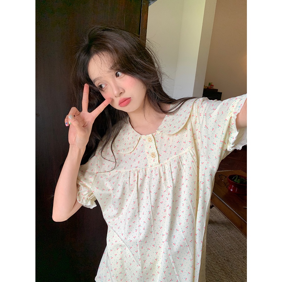 ☇▫✺stelan baju tidur wanita Xinbangbang Homedress summer new cute cherry doll collar pajamas women s suit breathable thin nightdress #COD baju tidur wanita bahan kaos