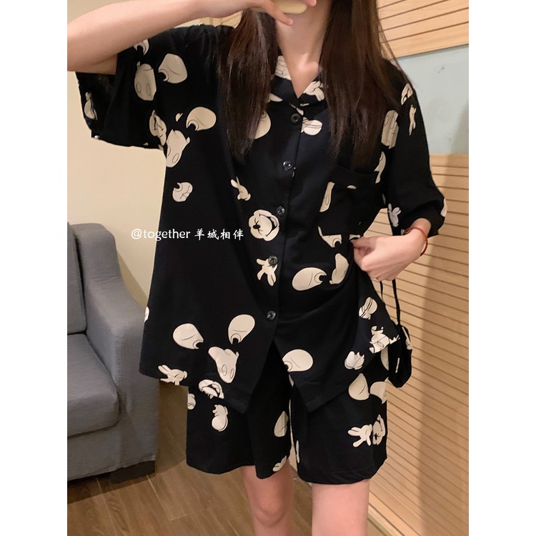 ▤stelan baju tidur wanita ins wind Korean Disney black Mickey pajamas female summer cotton cute short-sleeve thin section home service set #COD baju tidur wanita bahan kaos