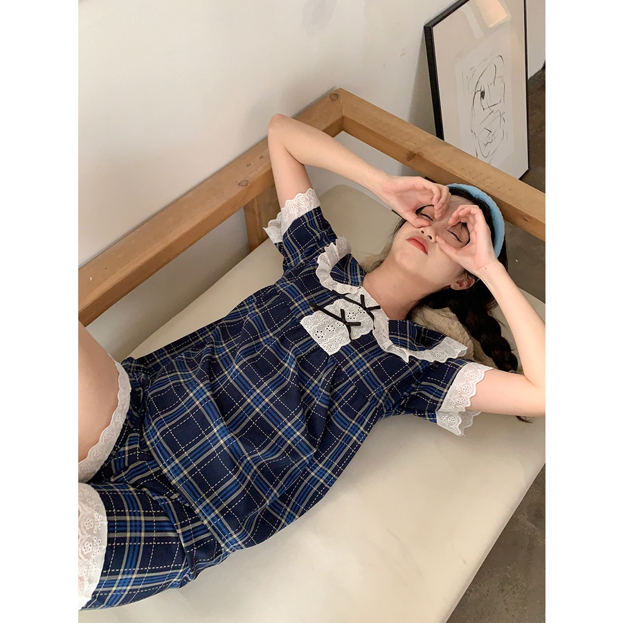 ™stelan baju tidur wanita Xinbangbang Homedress cute doll collar short-sleeved homewear set student plaid pajamas women summer #COD baju tidur wanita bahan kaos