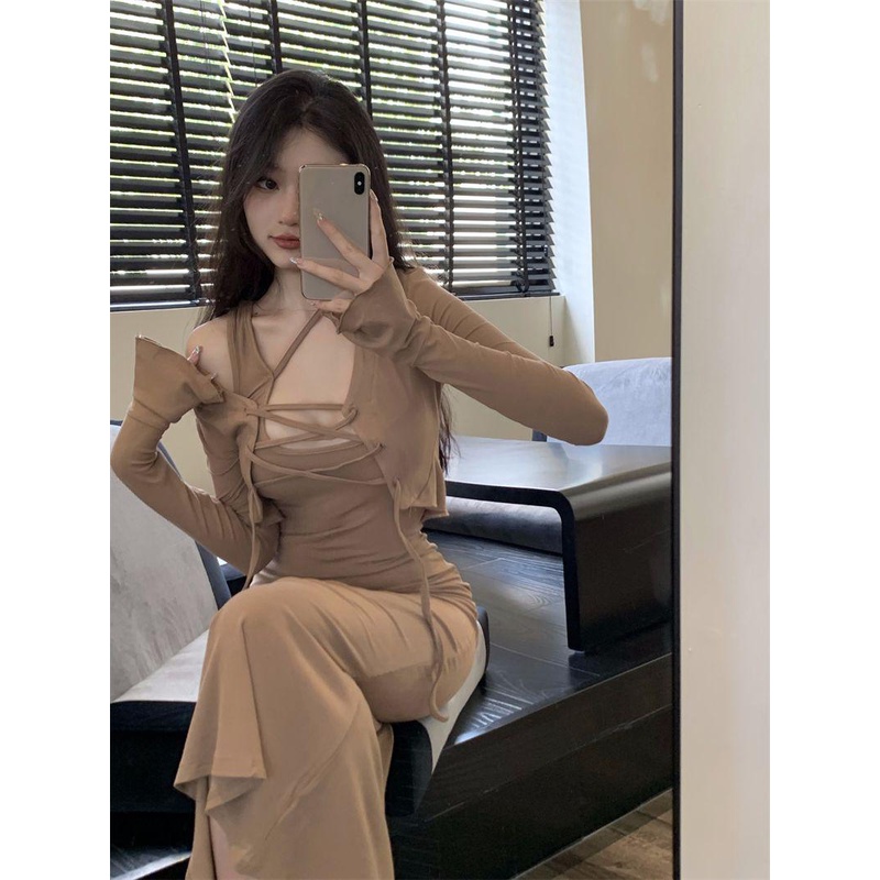 Gaun Suspender Keinginan Murni untuk Wanita, Rok Fishtail Ketat Pinggang Khaki Musim Panas midi dres