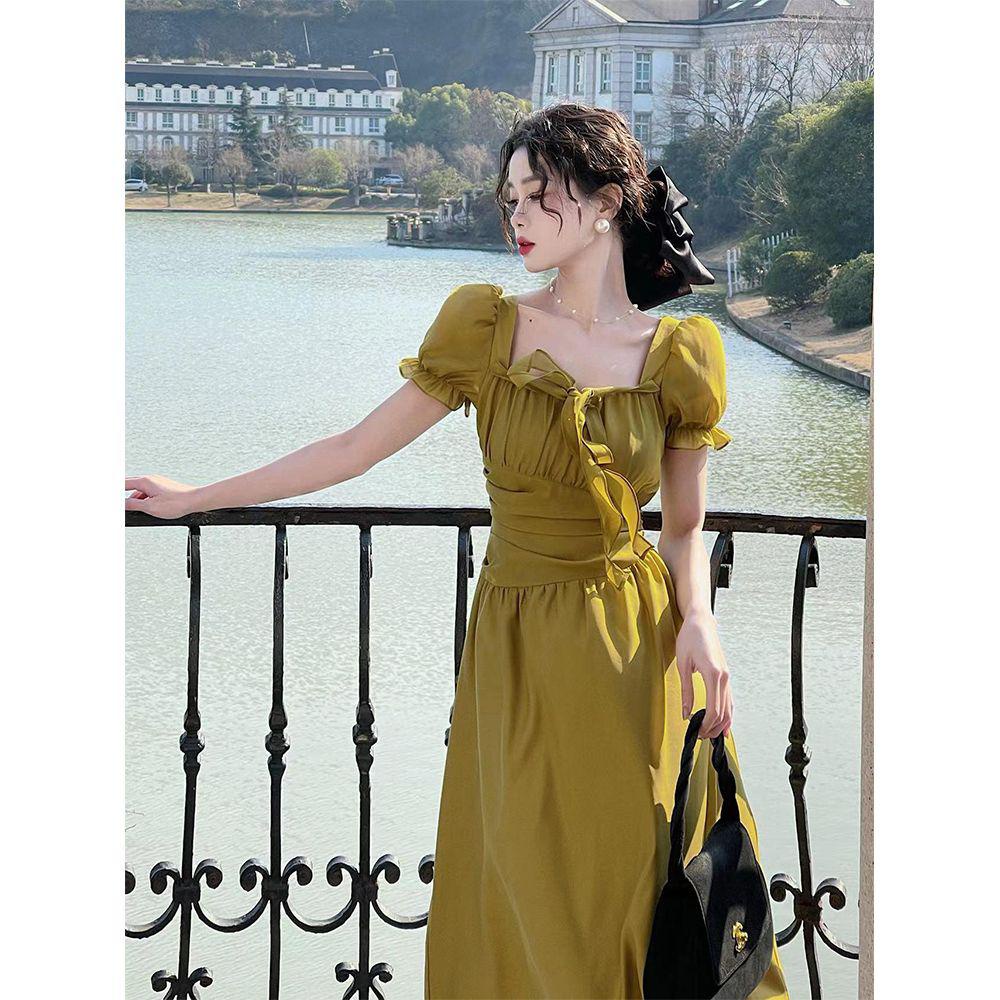 dress floral korea 【Gadis Tepi Danau】2023Gaun Musim Panas Wanita Mewah Ringan Kuning Mustar Kerah Pe