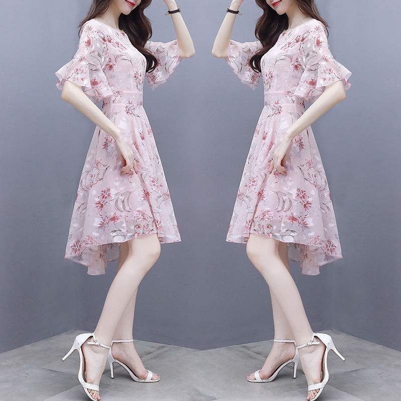 Dress Wanita Musim Panas2022Gaun Floral Sifon Ketat Pinggang Super Peri Kecil midi dress korea dress