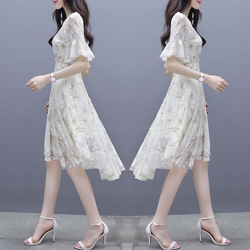 Dress Wanita Musim Panas2022Gaun Floral Sifon Ketat Pinggang Super Peri Kecil midi dress korea dress