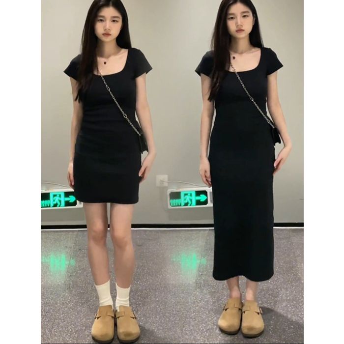 dress floral korea 【Katun Tulang Rusuk Sangat Elastis】Gaun Abu-abu Lengan Pendek Kerah Persegi Anak