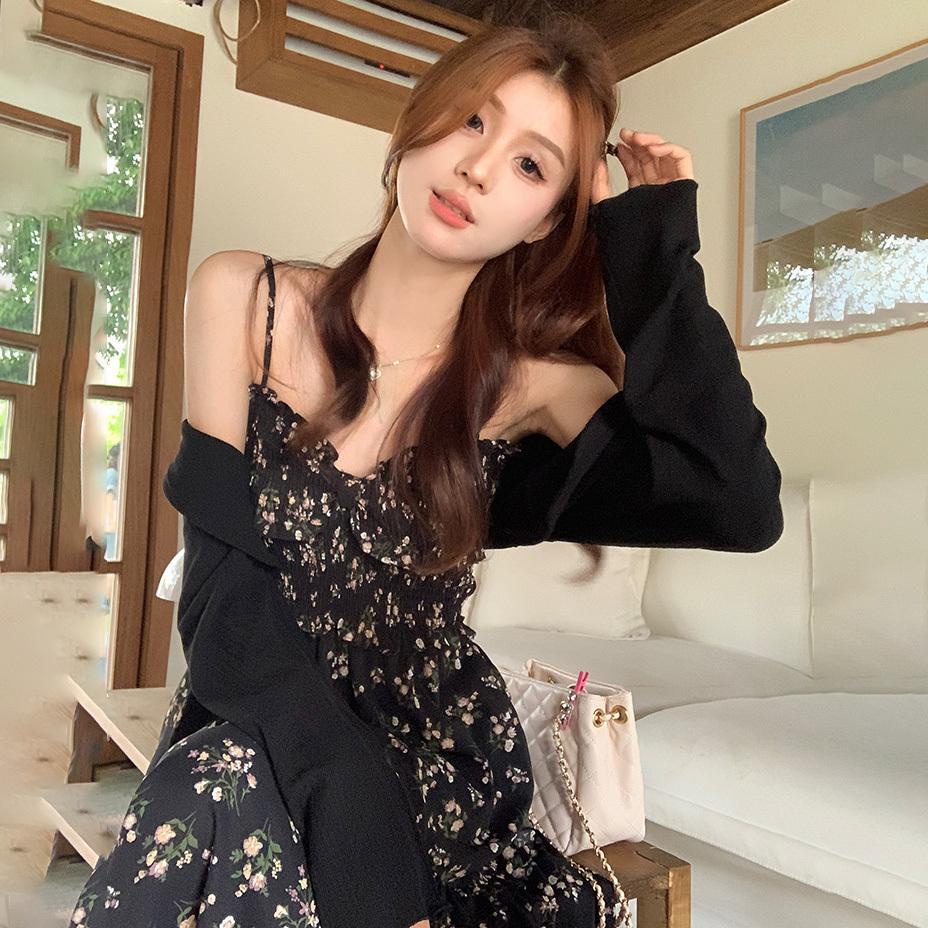 dress floral korea Gaun Lengan Pendek Wanita, Baju Kerah Persegi Gaya Perancis Motif Bunga Musim Pan