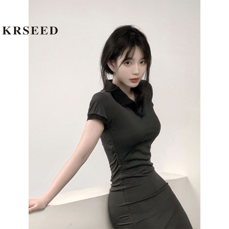 dress floral korea KRSEEDPure Desire ShoulderpoloGaun Wanita Lengan Pendek, Berkerah Musim Panas Sli