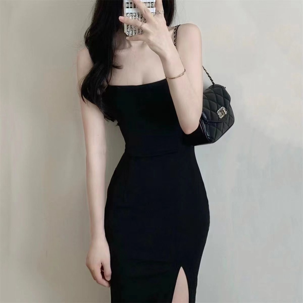 MorjinPure Desire Dress Ketat Wanita Dewasa, Gaun Bertali Spaghetti Pinggul Terpisah untuk Perempuan