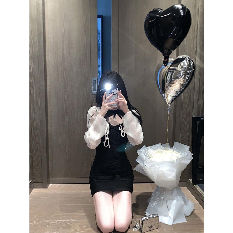 Gaun Wanita, Gaya Hepburn Perancis Keinginan Murni Gaun Hitam Rok Pinggul Bersinar Berlubang midi dr