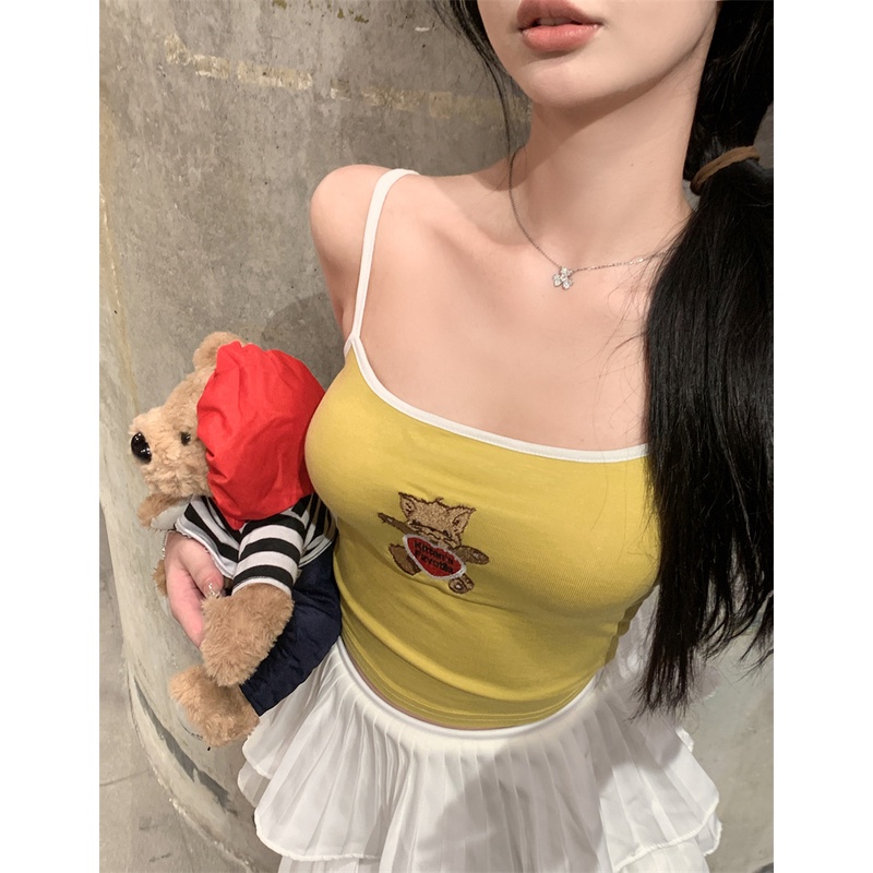 ☞▩❁Suhao Thai Bordir Seksi Kuning Kecil Sling Wanita Musim Panas Pendek Tanpa Lengan Pakaian Halter Top dengan Gadis Panas Rompi Crop Top seksi Tank Top Wanita Motif