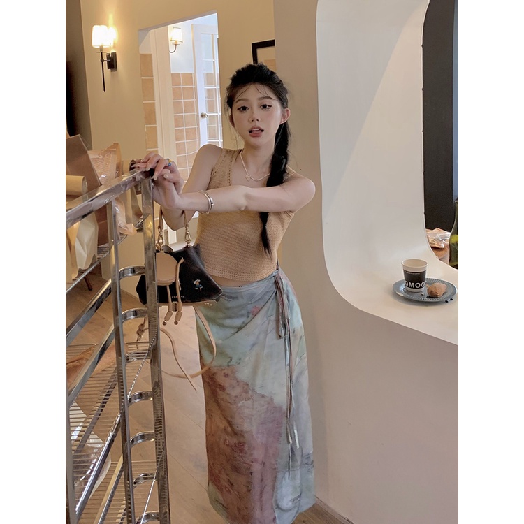 ﹍Suhao rok tie-dye gaya Cina baru wanita musim panas retro pinggang tinggi rok ramping temperamen a-line gaun serut crop top tank top seksi wanita motif