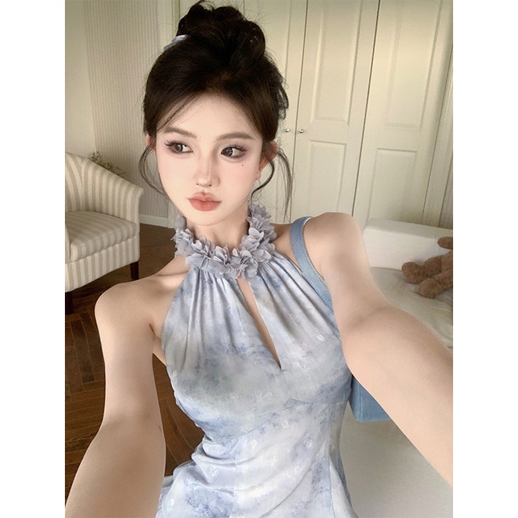 ☞▦✥Suhao Baru Gaya Cina Pakaian Seksi Halter Leher Biru Kamisol Top Wanita Musim Panas Rok Rok Pendek Rok Dua Potong set Tanaman Top Sexy Tank Top Wanita Motif