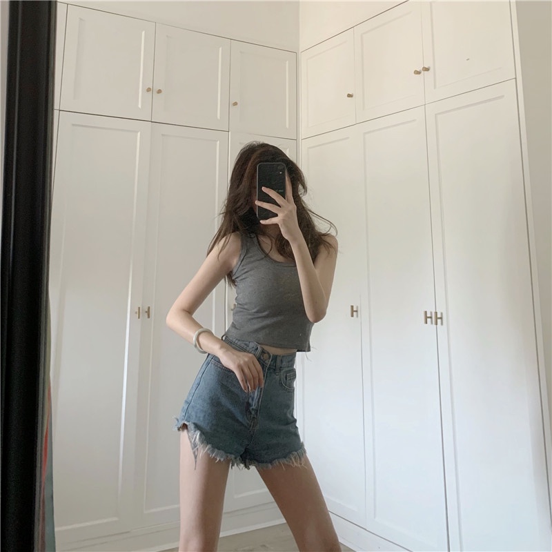 ✣Suhao Pendek Olahraga Inner Bottoming Tanpa Lengan Suspender Top Wanita Musim Panas Hitam Hyuna Mengenakan Crop Top Ketat Seksi Tank Top Wanita motif