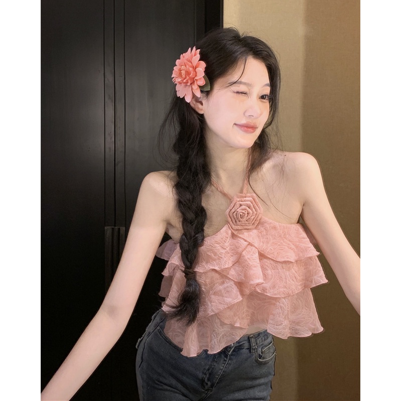 ☒☄Suhao Sweet Spice Rose Kamisol Halter Leher Wanita Musim Panas Backless Seksi Ruffle Dipotong Top Pakaian Luar Crop Top Sexy Tank Top wanita Motif