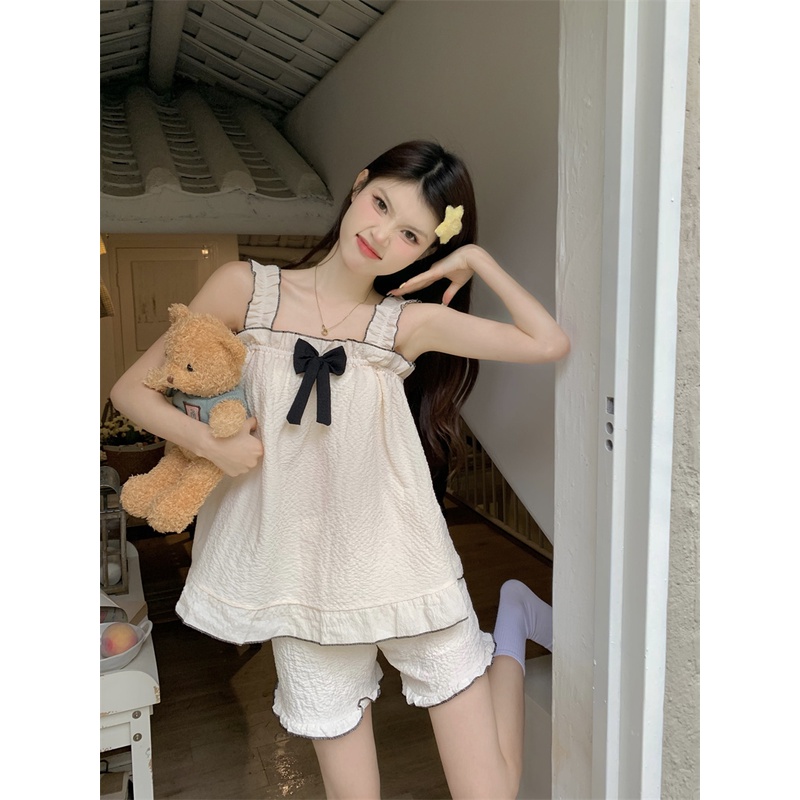 ✿❁✈Suhao manis busur ruffles sling piyama wanita bisa memakai celana piyama celana pendek dua potong layanan rumah set crop top sexy tank top wanita motif di musim panas