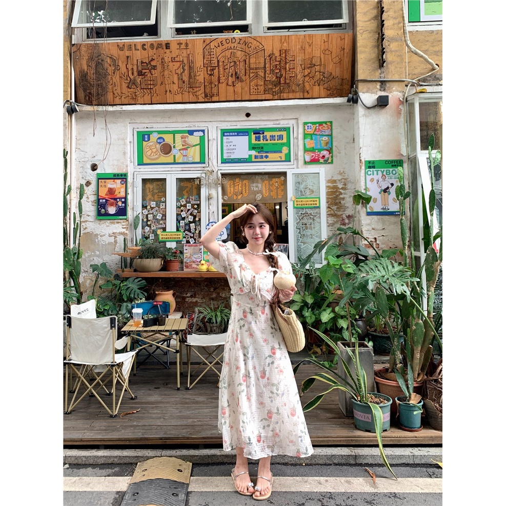 Red dreesFrench tea break floral skirt wanita musim panas angin lembut square neck engah lengan rok mid-length rok