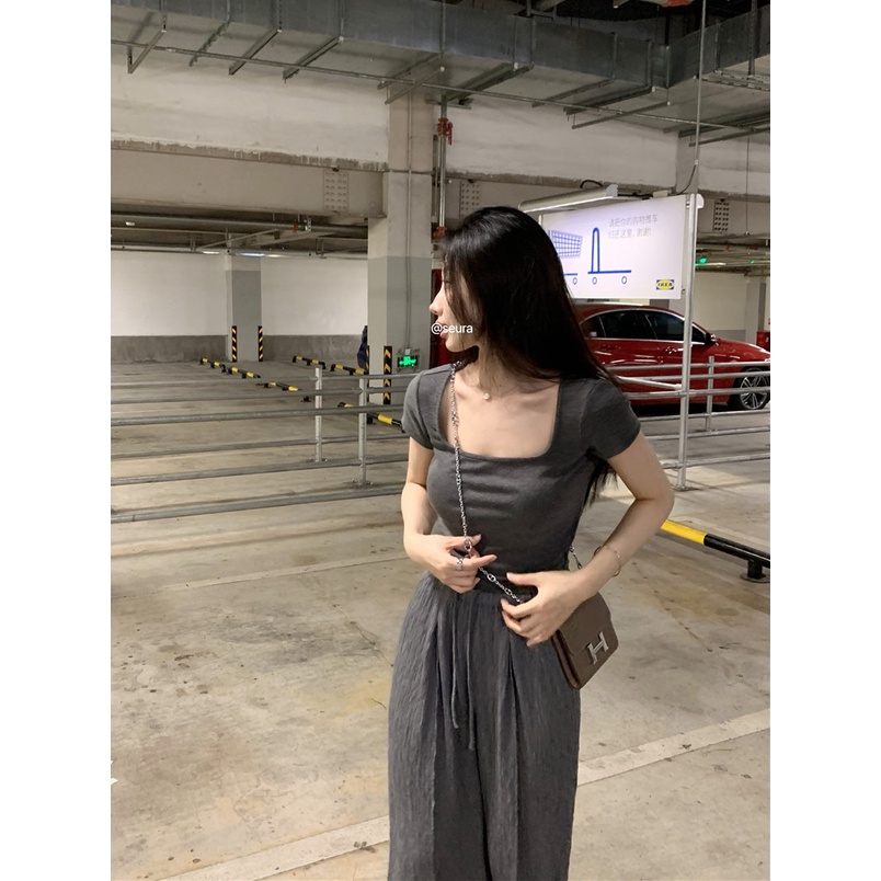 Red kaos Fashion Wanita Kerah Lengan Pendek T-shirt Musim Panas Tinggi Pinggang Lebar Kaki Celana Longgar Lipatan Kasual Celana hot Girl Dua Potong Setelan