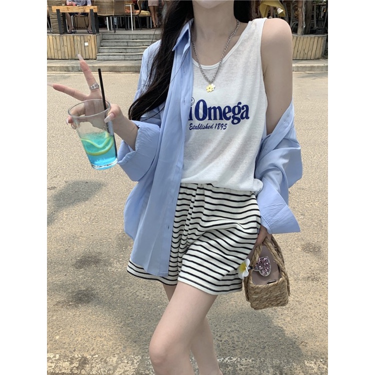 Red Jas angin malas wanita bagian tipis tabir surya jaket kemeja biru surat musim panas tanpa lengan rompi pasang dua potong kasual