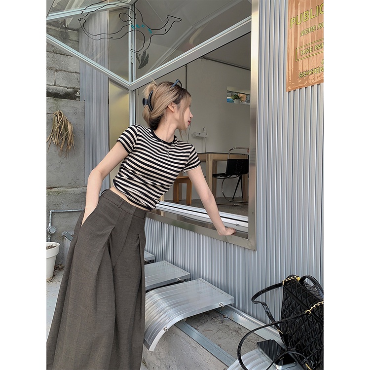 Red Kasual Gadis Panas Setelan Wanita Slim Lengan Pendek T-shirt Musim Panas Pinggang Tinggi Perapi Celana Lebar Kaki Celana Longgar celana Two-Piece Set