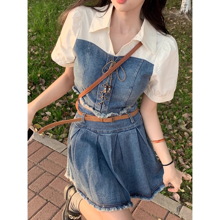 Red Rasa desain palsu dua potong kemeja denim bertali pendek atas setelan rok musim panas wanita setelan dua potong kecil