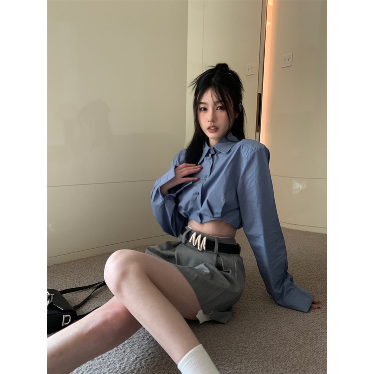 Red Salt Wear Suit Wanita Manis Gadis Panas Pendek Kemeja Lengan Panjang Musim Semi Rok Pinggang Tinggi Set Dua Potong