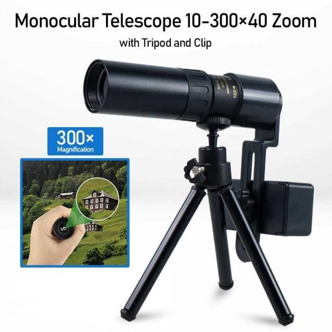 Teropong Jarak Jauh Monocular Telescope Zoom 10-300 Tripod Mini Clip