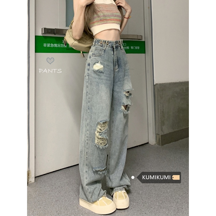 Red American retro high-waist jeans robek lurus-kaki celana wanita musim panas longgar lebar-kaki celana ramping mengepel celana panjang celana