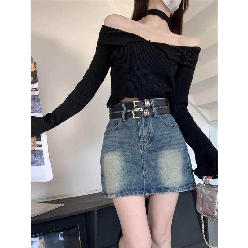 Red Retro Paket Hip Rok Denim Rok Wanita Pinggang Tinggi Pelangsing A-line Rok Musim Panas 2023 Gadis Panas Anti-Light rok