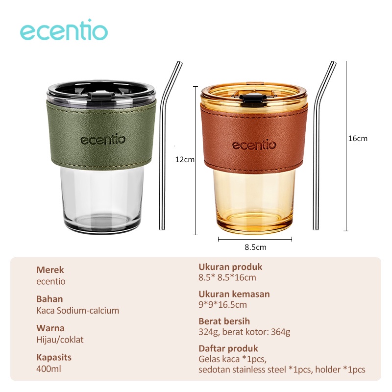 ecentio Gelas Minum Kaca kopi 400ml free pegangan gelasnya stainless Sedotan/Cangkir Kaca Anti Panas/free pipet kaca