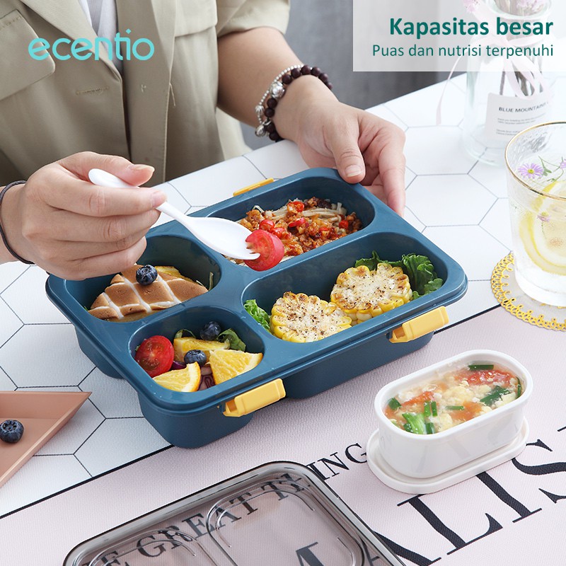 ecentio Kotak bento 3/4 Grid PP/lunch box 1300ml Free Sendok Sumpit BPA Free Kotak Tempat Makan