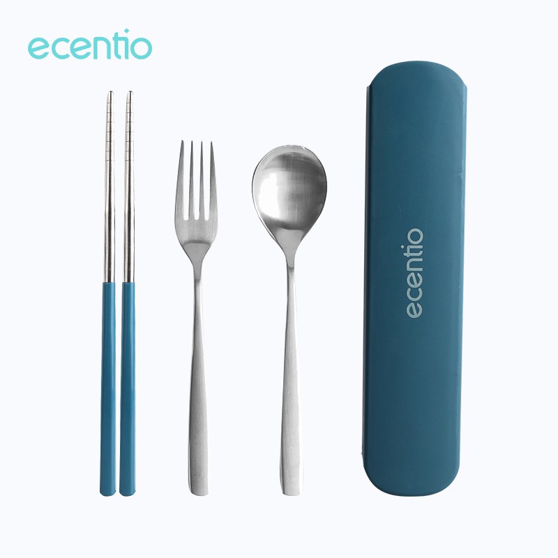 ecentio 3pcs Sendok Makan Dengan Kotak Berbahan Stainless Steel Sumpit Sendok Grapu Set