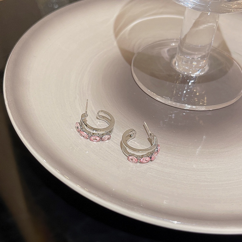 925jarum Perak Mewah Merah Muda Zirkon Anting Fashion Berbentuk C Gaya Baru Stud Earring