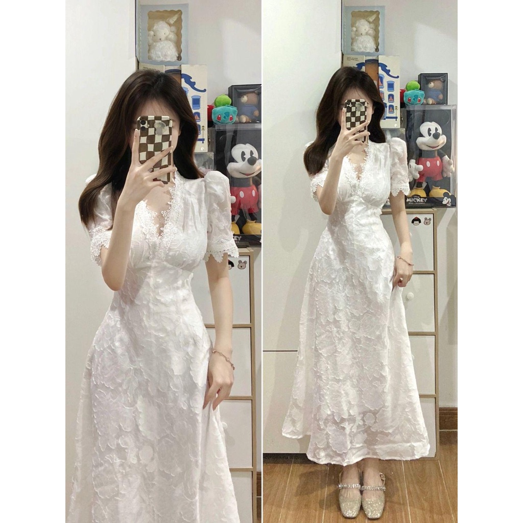 Gaun Lux Entry Perancis Renda Lengan Puff Lembut PutihVDress Wanita Panjang Kerah Elegan Retro