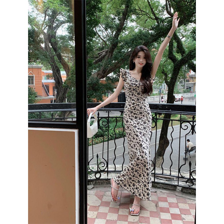 dress floral korea Gaun Wanita Pinggang Tinggi Bunga Prancis2023Pakaian Musim Panas Gaun Panjang Ker